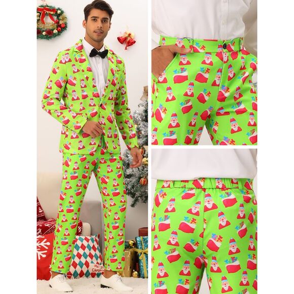 Christmas Printed Pants Flat Front Party Cosplay Costume Trousers Light Green - Picture 5 of 6